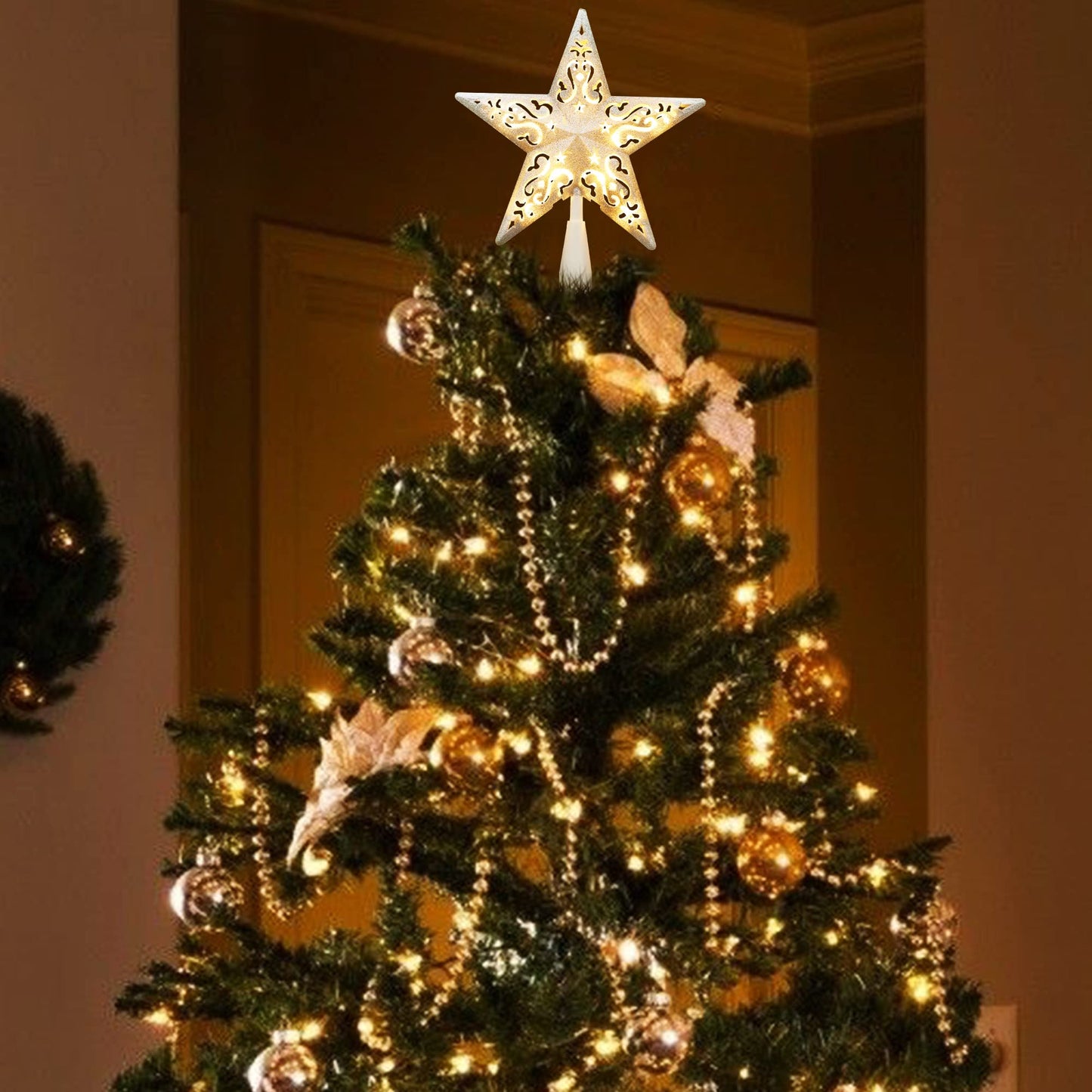 Brizled Star Christmas Tree Topper, 8" Glittered Hollow-out Tree top Star, Double-Sided 3D Tree Topper with 10 Lights, UL Certified Lighted Xmas Tree Topper for Holiday Christmas Tree Decor, Silver