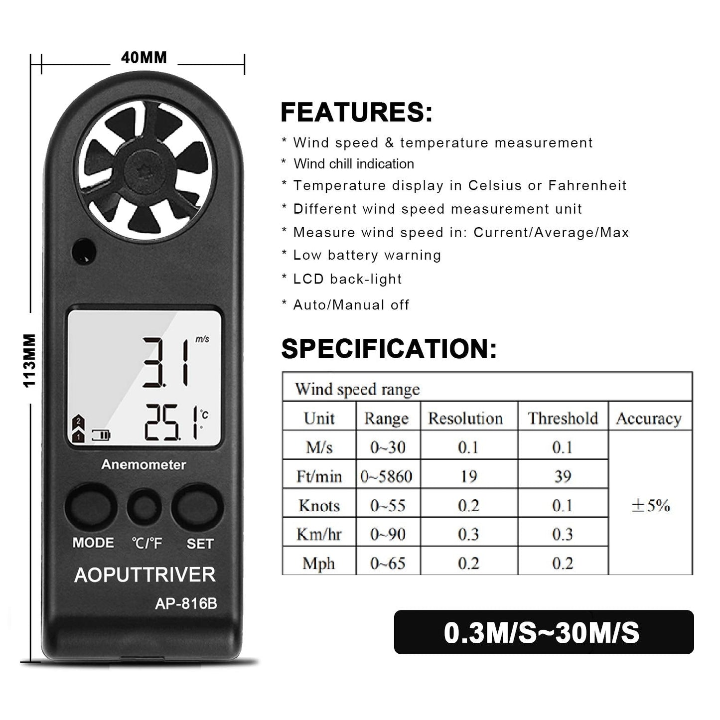 AOPUTTRIVER Anemometer Handheld Wind Speed Meter, AP-816B Anemometer for Measuring Wind Speed, Temperature and Max/Average, Mini Anemoeters for Windsurfing Sailing Outdoor Activities