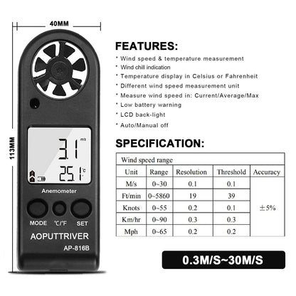 AOPUTTRIVER Anemometer Handheld Wind Speed Meter, AP-816B Anemometer for Measuring Wind Speed, Temperature and Max/Average, Mini Anemoeters for Windsurfing Sailing Outdoor Activities