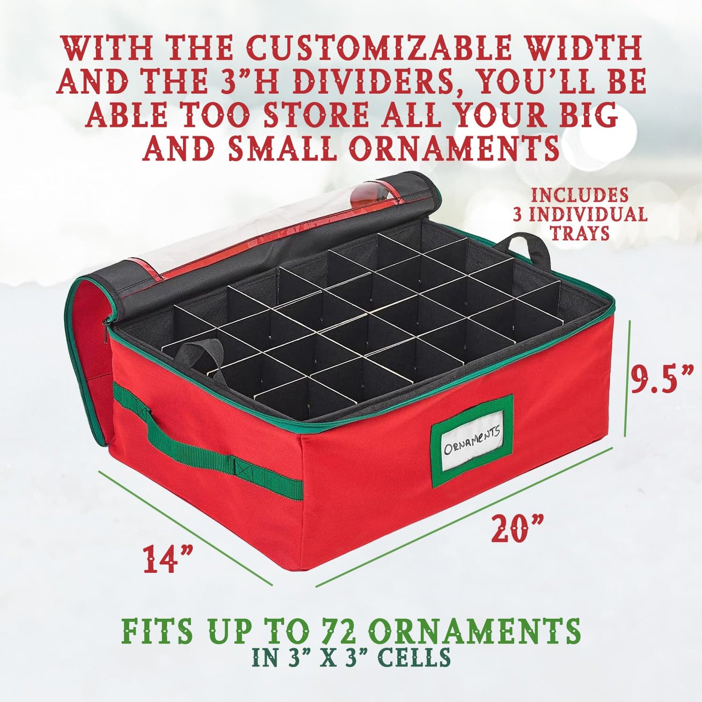 HOLDN’ STORAGE Christmas Ornament Storage Box with Dividers - Fits 72-3” Ornaments, 3 Removable Trays, Durable & Space-Saving, Clear Top Lid, Convenient Storage Designed, Red
