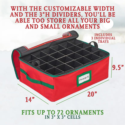 HOLDN’ STORAGE Christmas Ornament Storage Box with Dividers - Fits 72-3” Ornaments, 3 Removable Trays, Durable & Space-Saving, Clear Top Lid, Convenient Storage Designed, Red