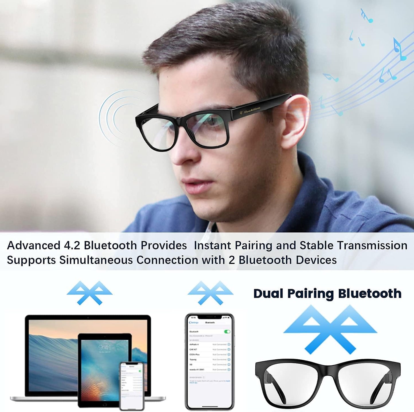 Smart Bone Conduction Glasses Bluetooth with Open-Ear Headphones, Photochromic Blue Light Blocking Lenses, IPX6 Waterproof, Hands-Free Calls/Music, Ideal Gifts for Dad/Men-Upgraded