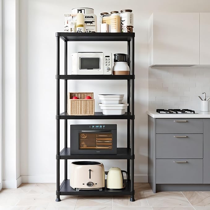 Plastic Storage Shelves, 70.2" H x 11.8" D x 23.62" W Plastic Shelves for Storage, 5-Tier Shelving Unit, Storage Rack, 330 lbs, Bathroom, Laundry, Garage & Home
