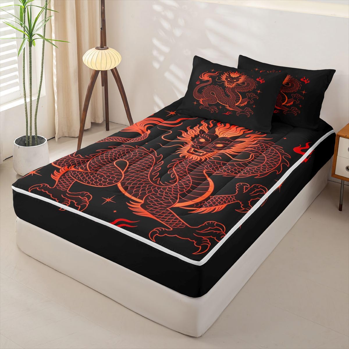 Erosebridal Japanese Style Dragon Kids Full Zipper Bedding Set Red Black Comforter Set with Fitted Sheet for Boys Girls Teen Exotic Animal 3 Pcs Bed in a Bag Set Vintage Wildlife Zip Up Bedding Sets