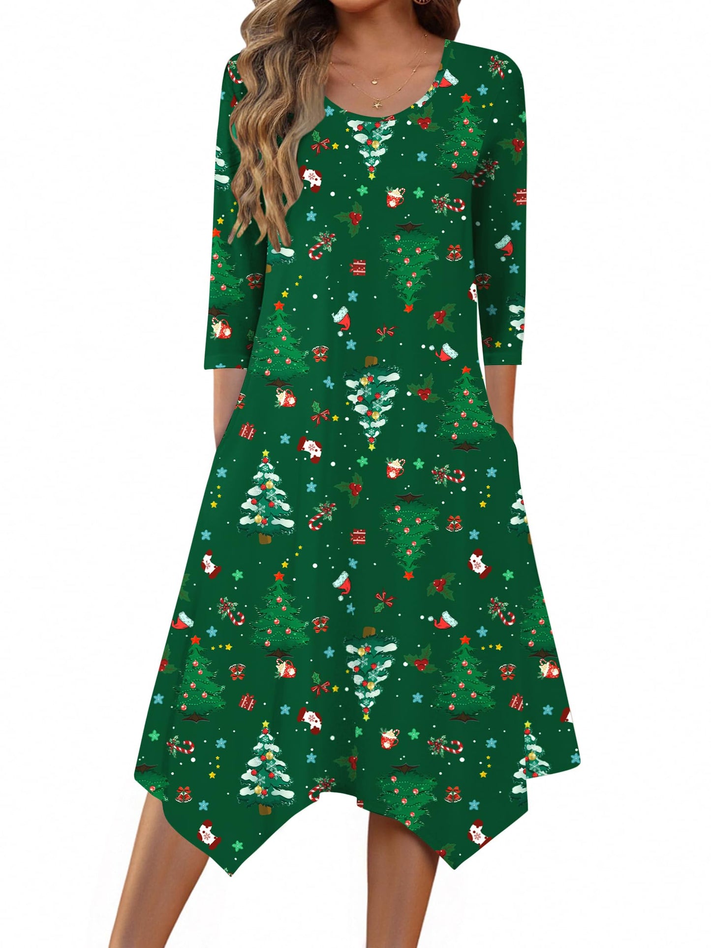 Zeagoo Woman Casual 3/4 Sleeve Dress Formal Midi 2025 Church Dress with Pockets Floral A Line Dresses Wedding Vintage Christmas Dresses Vestidos Casuales para Mujer