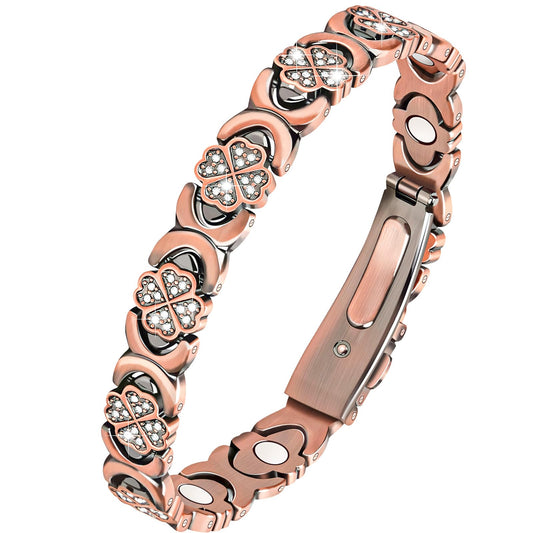vapeples Copper Bracelets for Women, 3800 Gauss, 99% Pure Copper Magnetic Bracelet, Adjustable Sizing, Four-Leaf Clover Women's Bracelets with Sparkling Cubic Zirconia, Gift Packaging