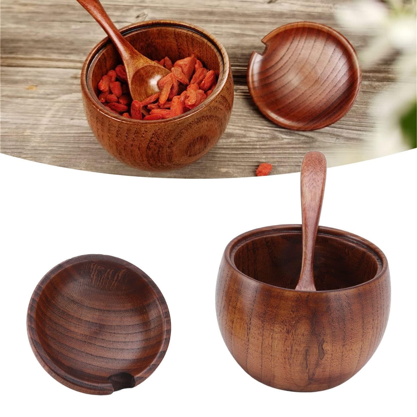 Wooden Salt Box with Lid Spoon, Sugar Bowl Seasoning Container Holder Salt Spice Jar Box Salt Keeper, Pepper, Tea Container for Kitchen Countertop Restaurant