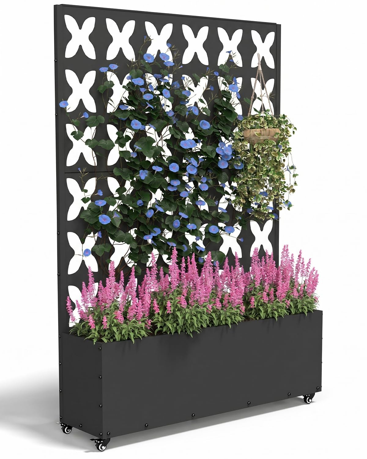 FOLAWO Metal Planter Box with Trellis,70.9"x47.2"x15.7" Raised Garden Bed with Drainage Holes, Privacy Planters for Outdoor Garden Bed for Climbing Plants,Vegetables,and Vines, Black-X
