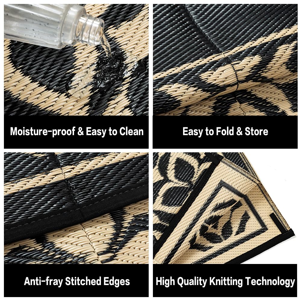 PureCozy Outdoor Plastic Straw Rug Black Beige Large Outside Waterproof Outdoor Patio 10x14 Carpet Geometric Reversible Mat Modern for Camping RV Porch Deck Balcony Beach