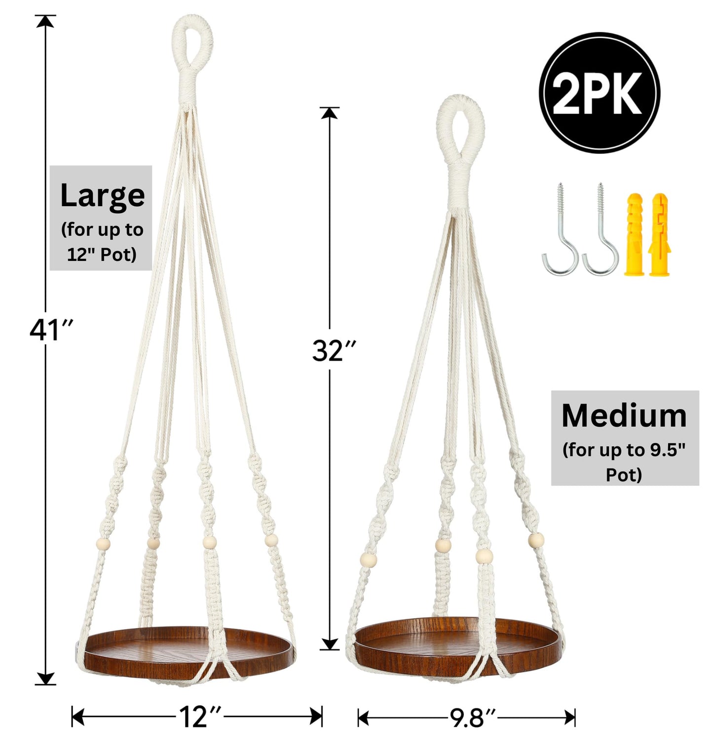 Shineloha 2 Pack Macrame Plant Hanger | Plant Hanger Indoor, Hanging Planter Shelf | Hanging Planter (Beige) (1 Large + 1 Medium)
