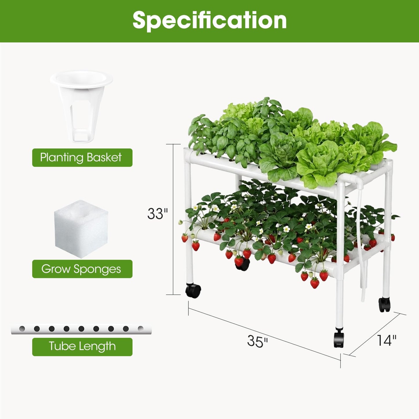 Hydroponics Growing System Kit with Wheels, 54 Plant Sites Gardening Aquaponics Tower, 2-Tier Food-Grade PVC-U Pipes Water Pump Timer for Leafy Vegetables, Indoor, Outdoor (33"x35"x14" in 54 Holes)