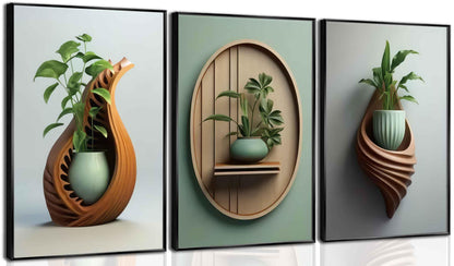 3Pcs Green Plant Floral Canvas Wall Art Modern Plants Potted Flowers Painting Decor Pictures Neutral Floral 2D Bloom Posters Prints for Kitchen Office Living Bathroom Bedroom Decoration No Framesd