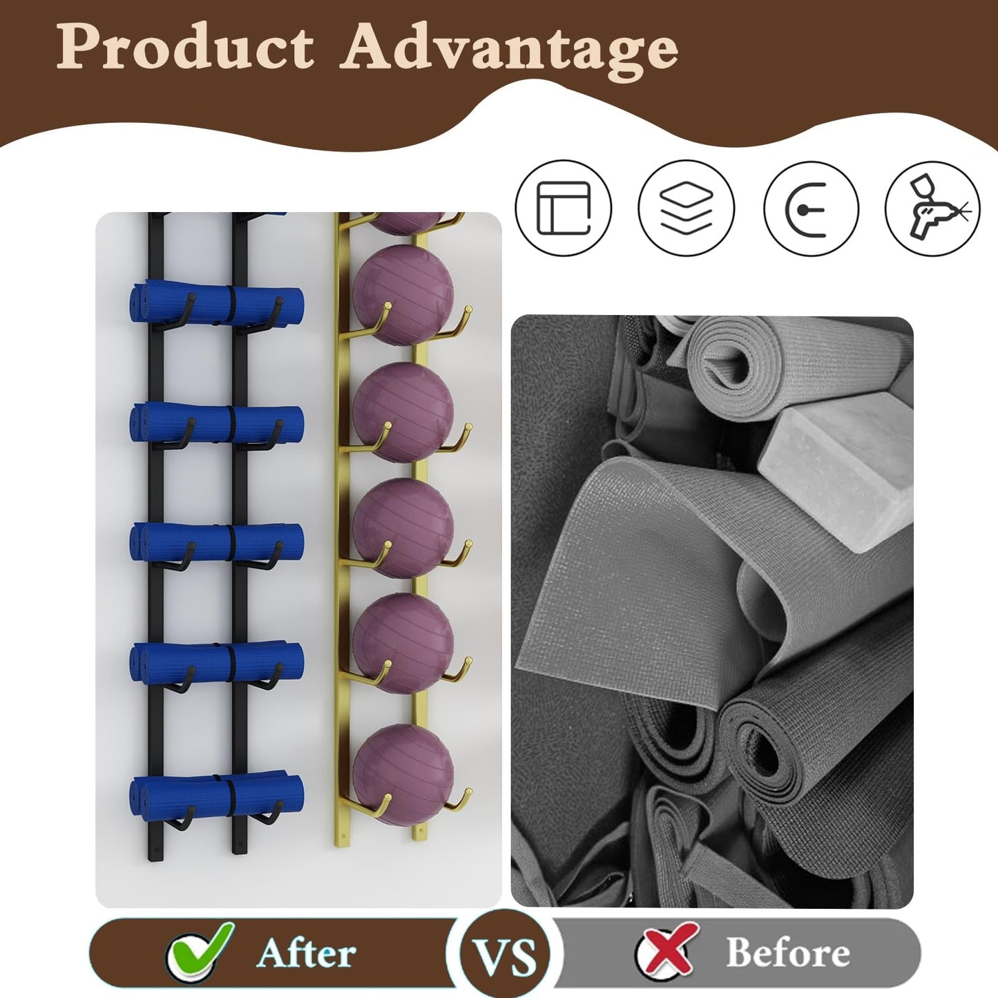 amhricho Yoga Mat Storage Rack, Wall Mounted Yoga Mat Holder, Large Capacity Storage Shelf, Multi-layer Storage, Home Hanging Storage Racks, Suitable for Home, Yoga Studio, Gym, School(Black,3-Tier)