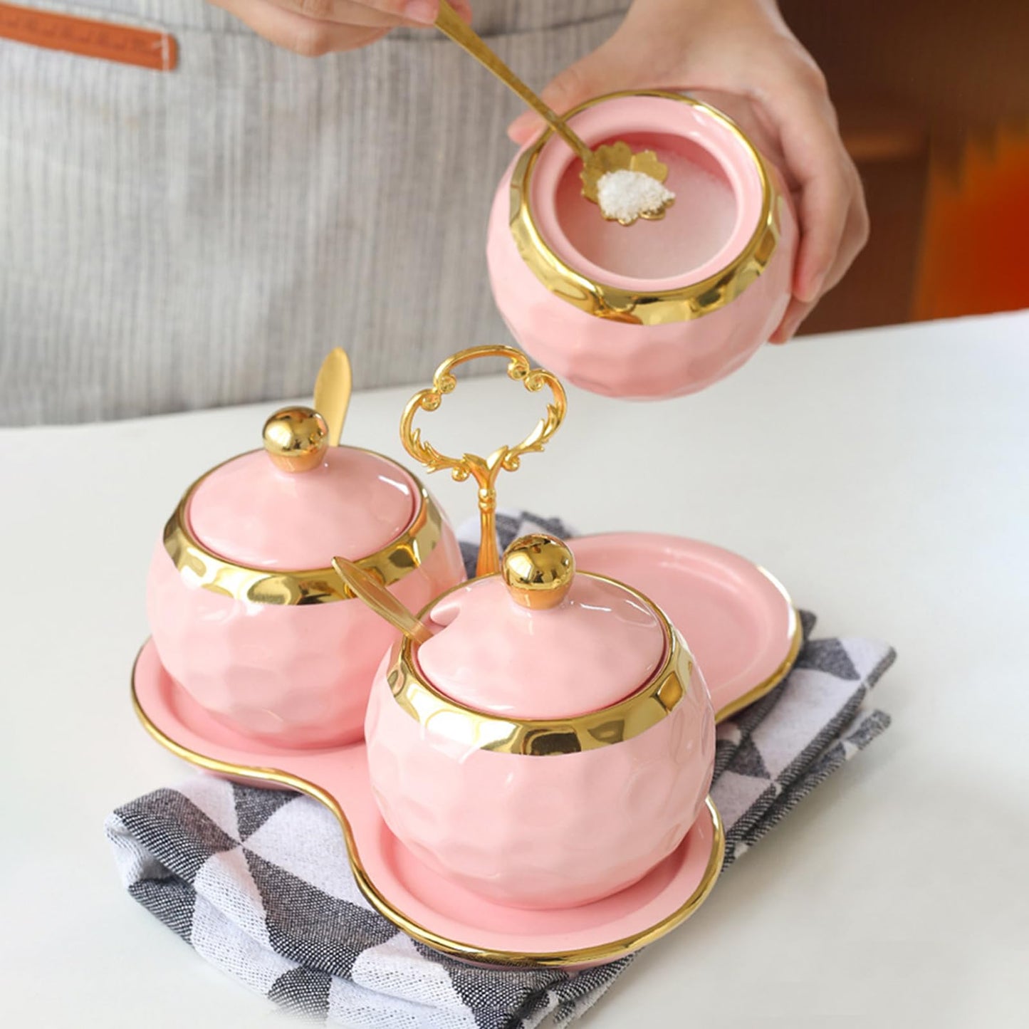 YMYL Set of 3 Porcelain Condiment Pot Sugar Bowl with Lid, Spoon and Tray, Modern Ceramic Seasoning Jars Salt Container for Home Kitchen, Restaurant, Coffee Bar (Green)