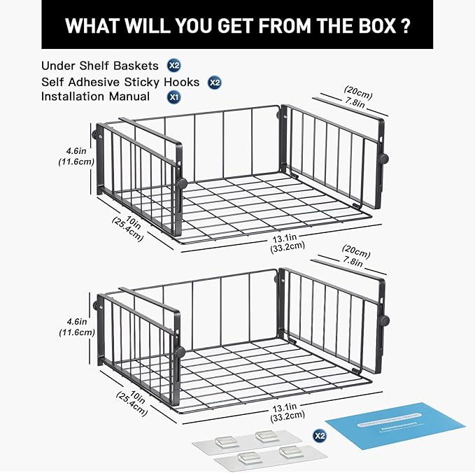 2 Pack Hanging Under Shelf Storage Basket, Adjustable Under Cabinet Add-on