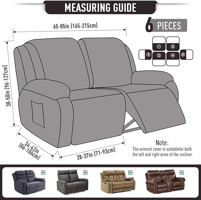 TAOCOCO Recliner Loveseat Slipcover, 6 Pieces Dual Recliner Sofa Covers