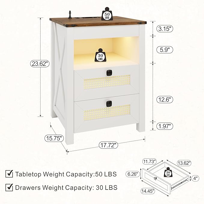 FREDEES Nightstand Set 2 with Gun Drawer, Bed Side Table with Charging Station