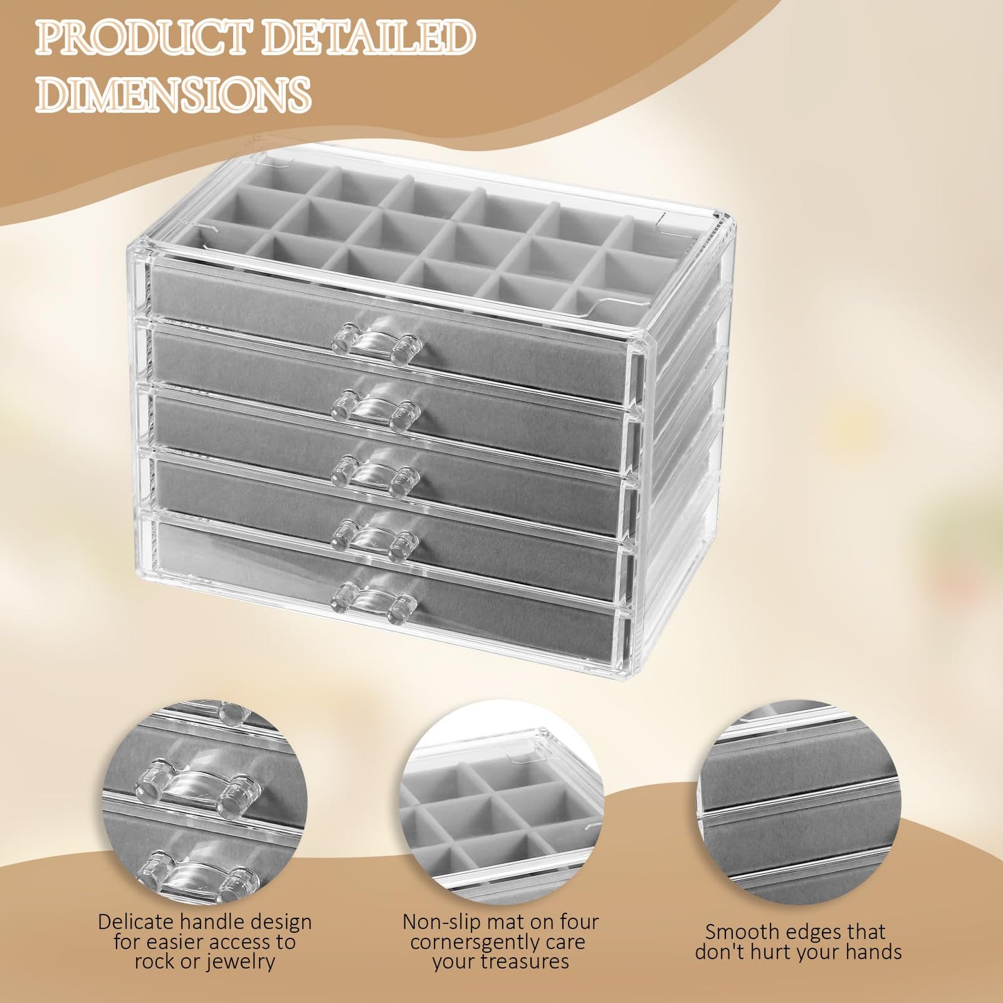 COMNICO Rock Display Case, 5 Layer 90 Grid Rock Collection Display Case Velvet Acrylic Clear Displays Cases Organizer for Collectibles Crystal Gemstone Fossil Stone