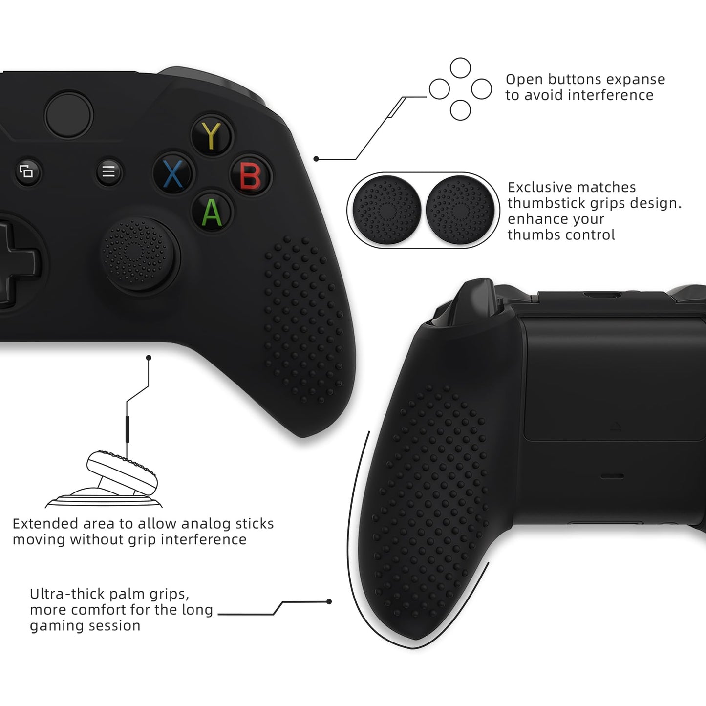 eXtremeRate PlayVital Soft Anti-Slip Silicone Controller Cover Skins Thumb Grips Caps Protective Case for Xbox One X/S Controller (Model 1708)- Black