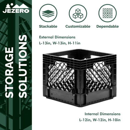 JEZERO 16 Quart 5-Pack Heavy Duty Plastic Crate | Stackable Multi-Purpose Storage Bin for Garage, Home, Office, Groceries, Outdoor, Camping & Kayaking | Black Utility Tote, 13" x 13" x 11"