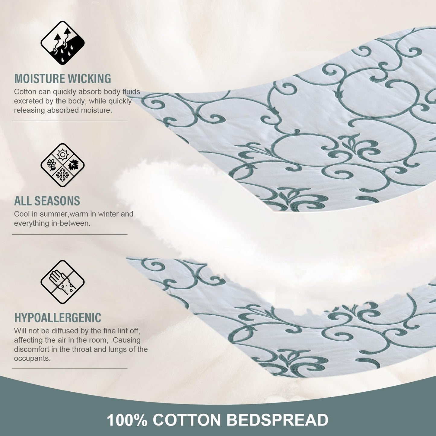 FineStichery Oversized Queen Bedspread 120"x102" - 100% Cotton Extra Large Quilt, Embroidered Bedspread Coverlet with Pillow Shams, Lightweight Quilted Bedding Set 3 Piece, Aqua Blue/White