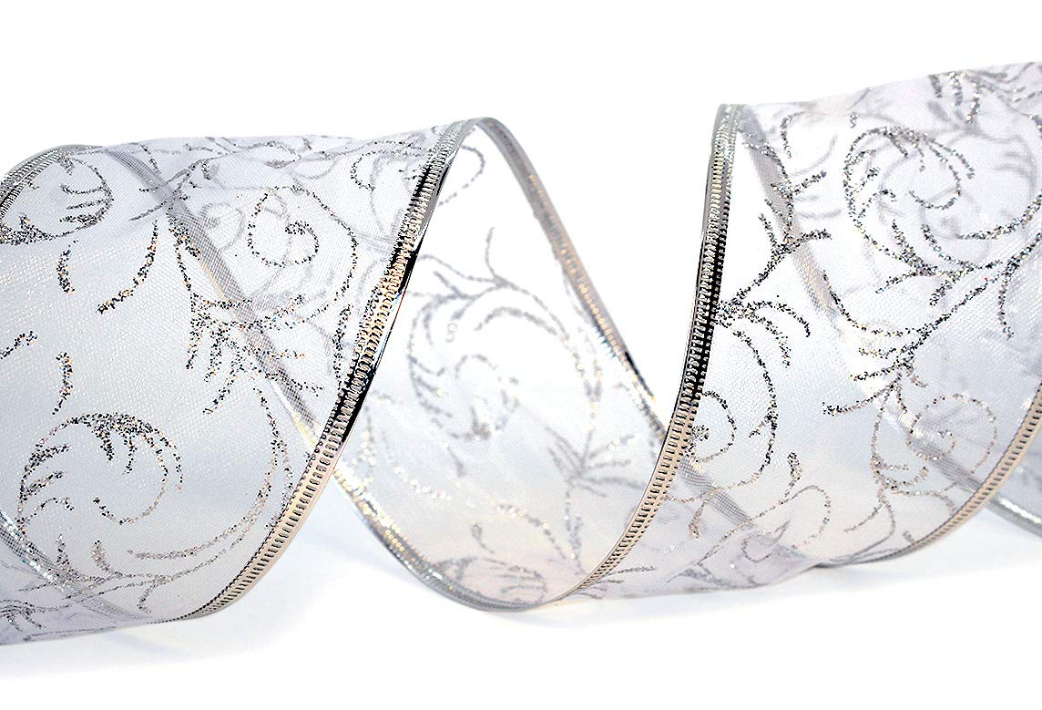 Wire Edged Ribbon Silver Sheer Organza Gift Wrap Ribbon 50 Yards x 2.5 inch Wide Clearance Metallic Wired Trim & Glitter Decorative White 1 Roll Large