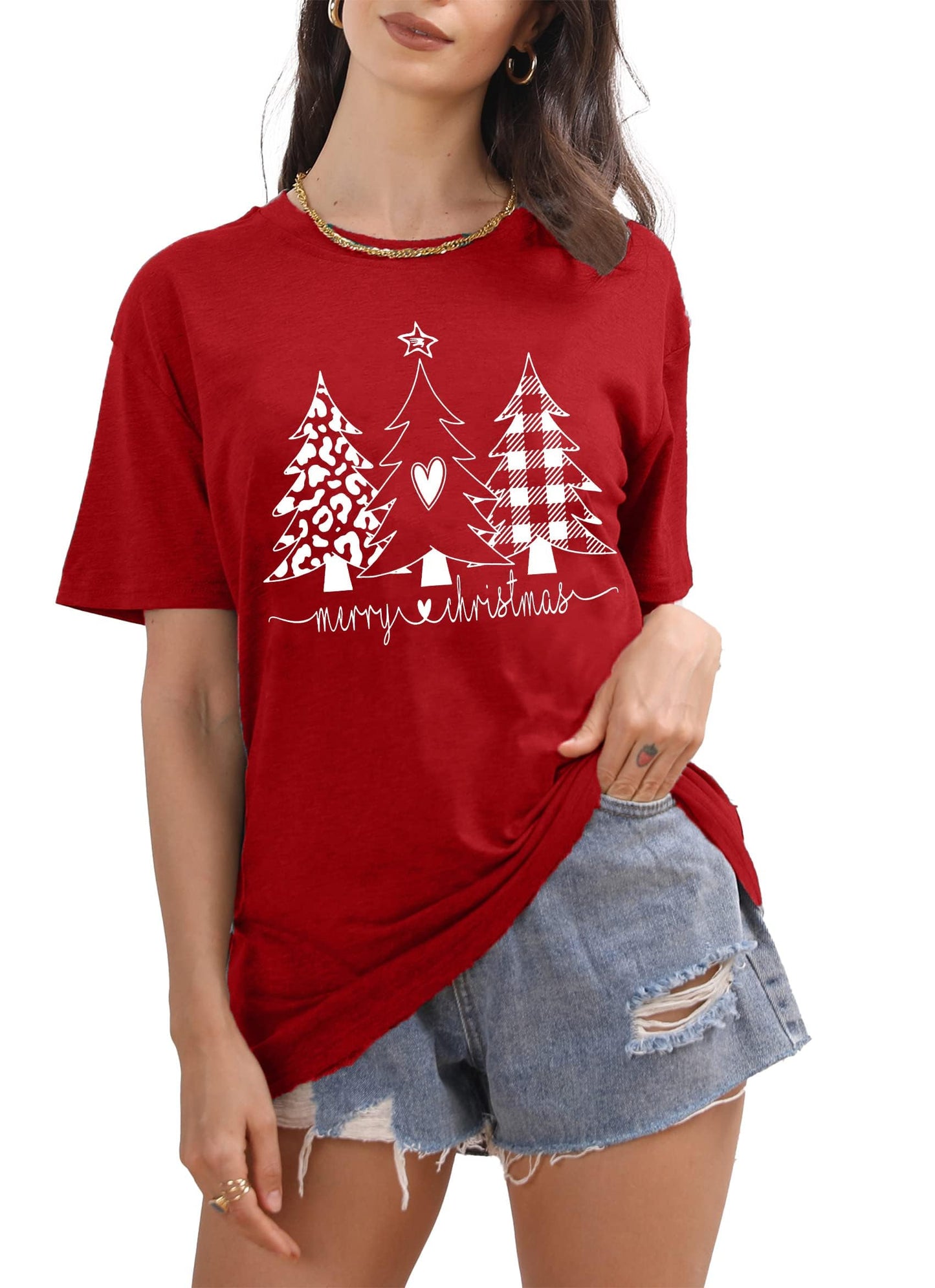 Christmas Tree Shirt for Women Merry Christmas Printed T-Shirts Short Sleeve Holiday Tee Xmas Gift Tops Red