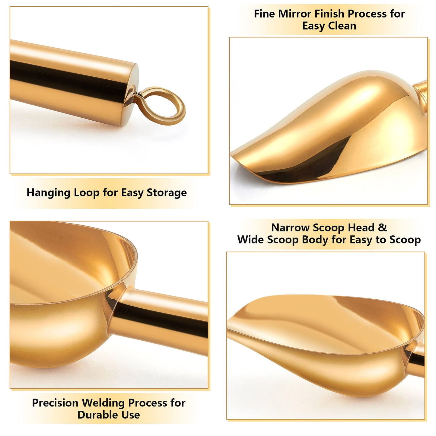 TeamFar Mini Scoop Set of 2, 3 Oz Stainless Steel Small Gold Canister Candy Utility Scoops Versatile for Kitchen Dispenser Buffet Jars, Rust Free & Long Lasting, Mirror Finish & Dishwasher Safe