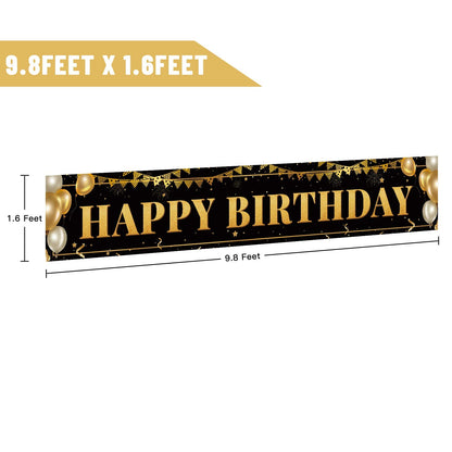 Black Gold Birthday Banner for Happy 1st to 100th - Boys, Girls, Men & Women - Reusable Decorations - Indoor Outdoor Party Supplies - 9.8x1.6 FT