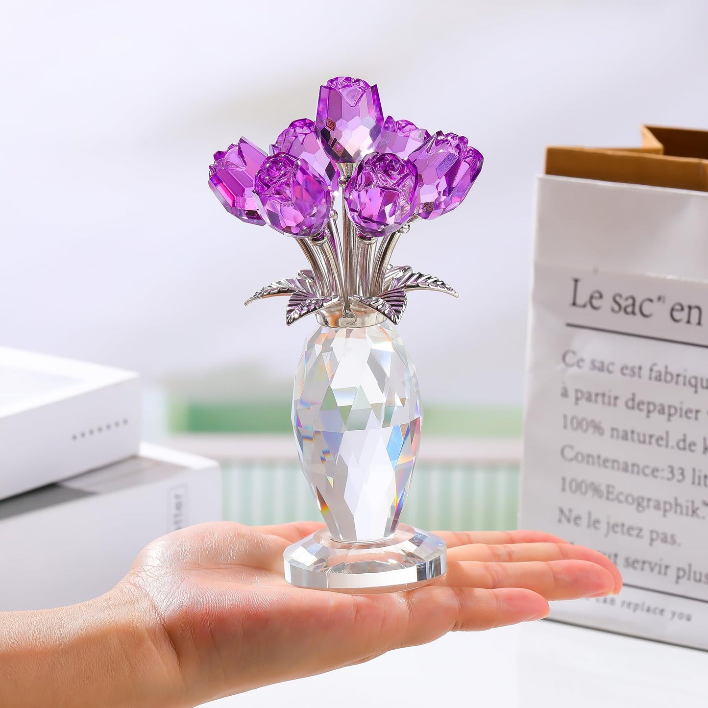Arikyrist Crystal Purple Rose Flower Figurine with Vase, Handmade Romantic Rose Gifts Bouquet for Wife Mom Women, Glass Rose Flower with Stem Home Decor for Valentine Mother's Day Christmas