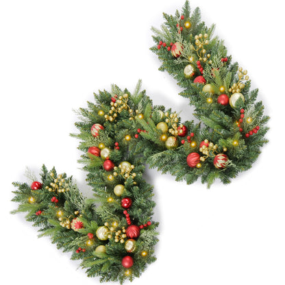 9FT Artificial Christmas Prelit Garland with 50 White Light, Pulg in, Pine Cones, Gold and Red Ball, Red Berris Mantle for Indoor Holiday Door Home Decorations Stairs Fireplaces Wall