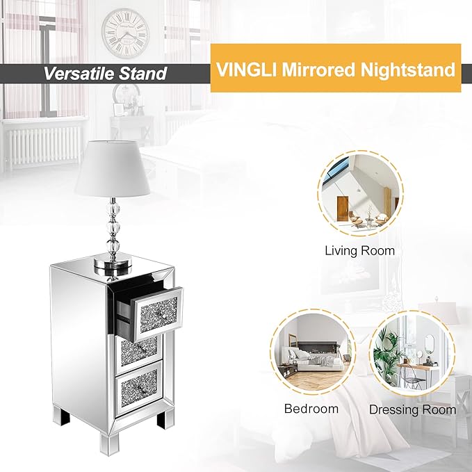VINGLI 3-Drawer Mirrored Nightstand Bedside Table Glass Accent End Table