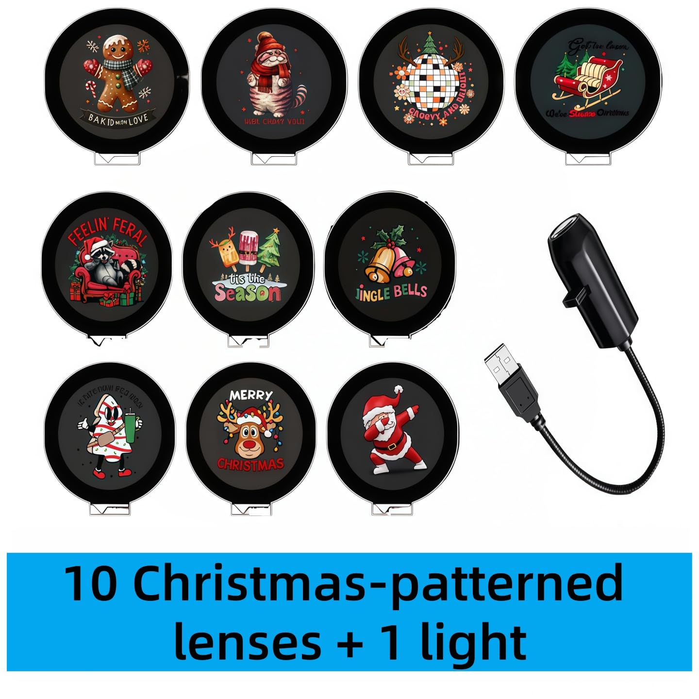 Christmas Ambience Projector Light with 10 Festive Pattern Lenses, LED Holiday Night Light Display, USB Powered Indoor Decoration for Home and Party