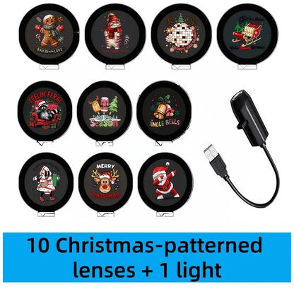 Christmas Ambience Projector Light with 10 Festive Pattern Lenses, LED Holiday Night Light Display, USB Powered Indoor Decoration for Home and Party