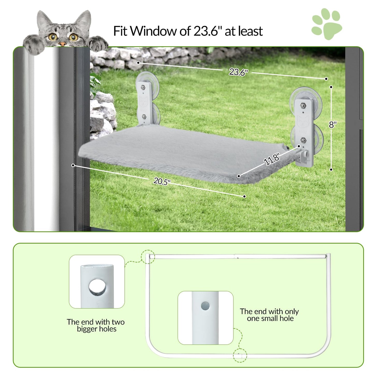 keny Cordless Cat Window Perch, Foldable Cat Window Hammock with 4 Suction Cups, Reversible Cover with Two Different Kinds of Fabrics, 40Lbs Load Capacity Sturdy Cat Window Bed for Cats Inside, Grey