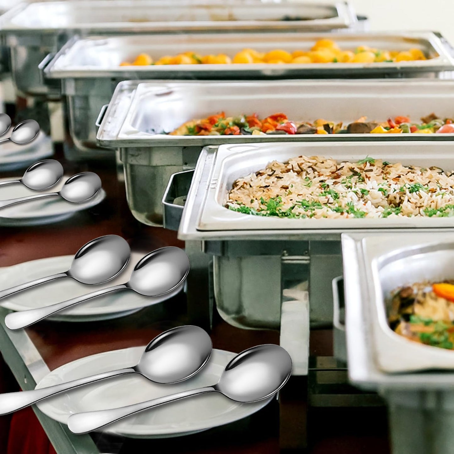 Keyoxy Stainless Steel Serving Spoons Set, 6pc, 10-Inch, Includes 6 Large Spoons, for Parties/Kitchen/Buffet/Catering, Dishwasher Safe