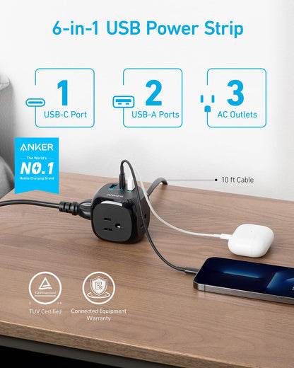 Anker 20W USB C Power Strip, 321 Power Strip with 3 Outlets and USB C Charging for iPhone 15/15 Plus/15 Pro/15 Pro Max, 5 ft Extension Cord, Power Delivery Charging for Dorm Rooms,Home Office