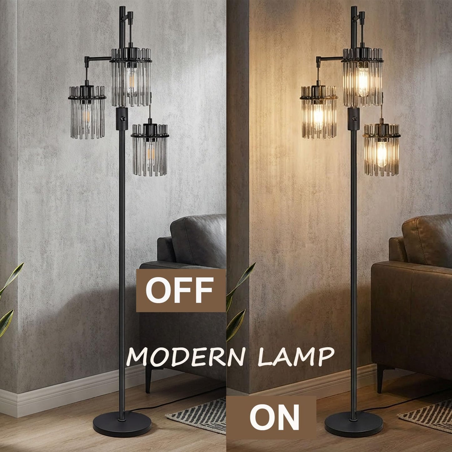 Dimmable Black Crystal Standing Farmhouse Tree Floor Lamp for Living Room
