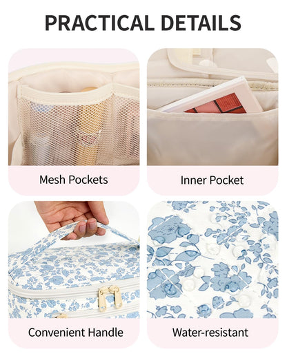 Travel Makeup Bag with Brush Compartment, Large Cosmetic Bags, Quilted Fabric Makeup Case with Handle, Water-Resistant for Women, Blue Flower (Patent Pending)