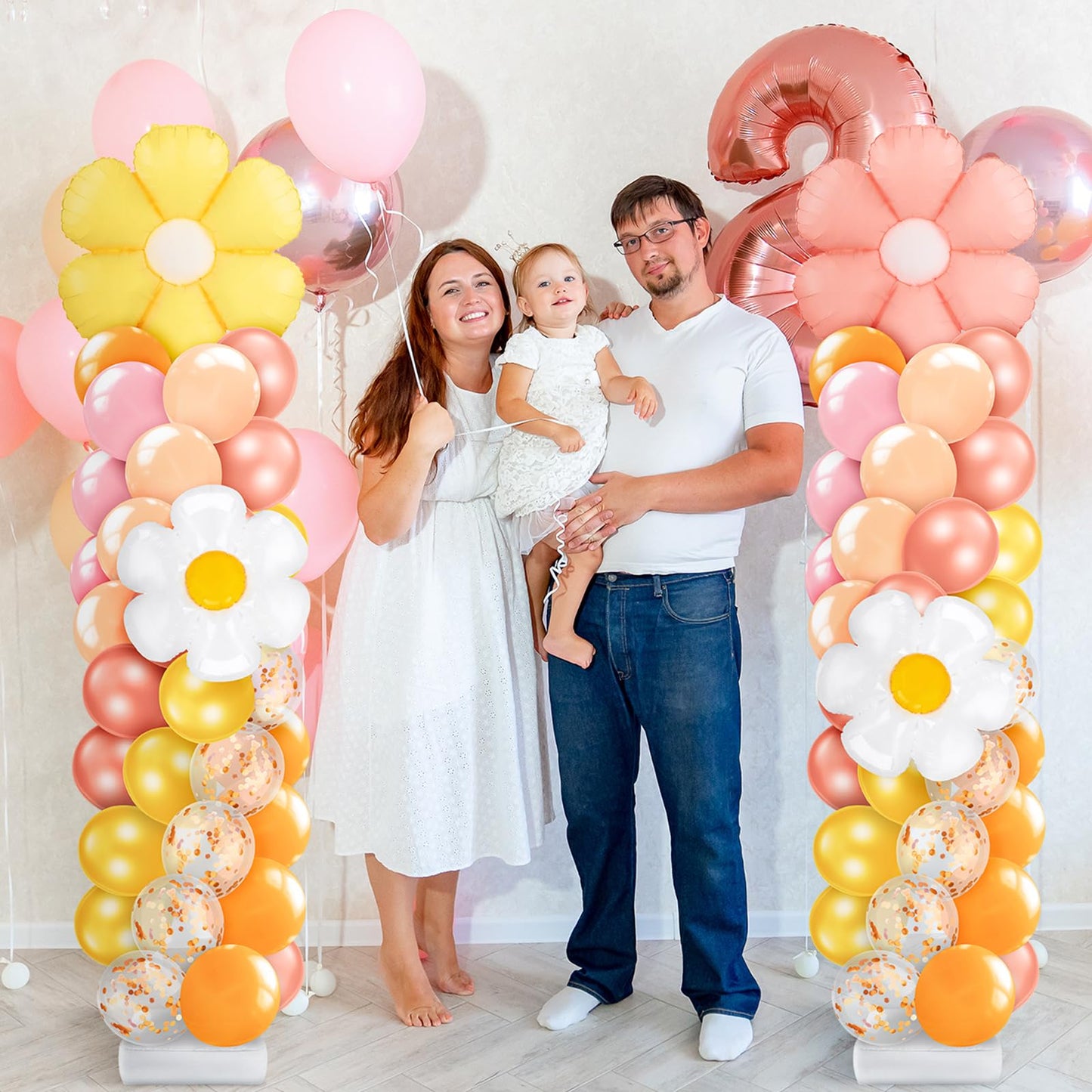 Kasyat 2 Sets Groovy Balloon Column Stand Kit Boho Daisy Macaron Pink Yellow Orange Pastel Retro Flower Balloons Arch Garland Kit for Baby Shower Birthday Wedding Hippie Flower Party Decoration