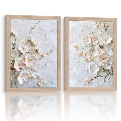 Framed 3D Floral Texture Canvas Wall Art Relief Textured Floral Oil Painting Modern Neutral Floral Poster Gallery Framing Plant Decor Living Room Bedroom 12x16inch x 2 Ready to Hang