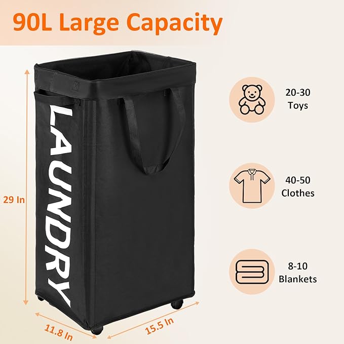 2 Pack Laundry Basket with Wheels, 90L Rolling Laundry Hamper with Wheels