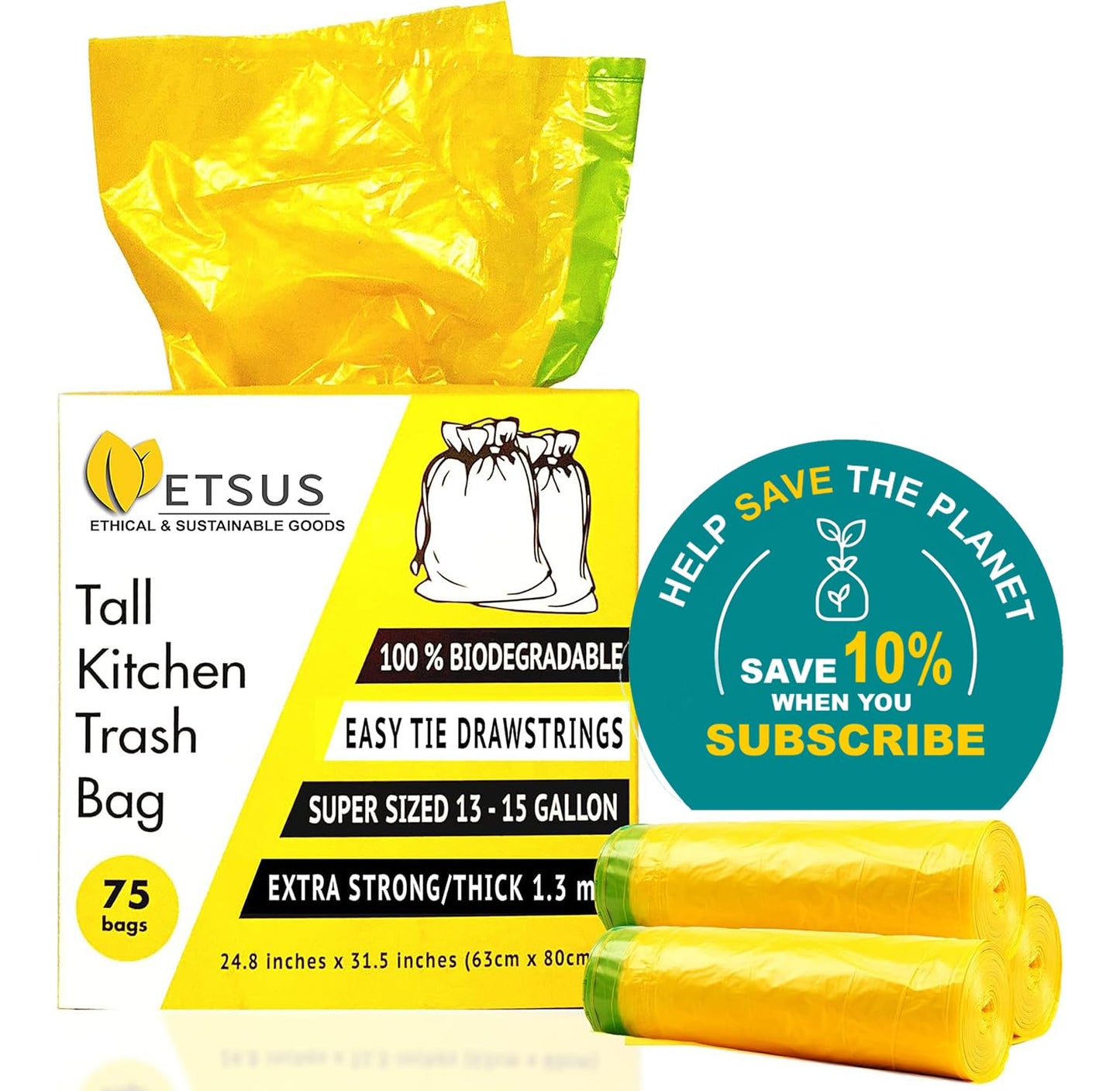 13 Gallon Biodegradable Trash Bags with Drawstrings, 75 Count Plant Based, Code Q Tall Kitchen Compost Bags 50 Liter Bin - Green Garbage Liners - 1.3 mil Thick Heavy Duty and Eco Friendly Trash Bags