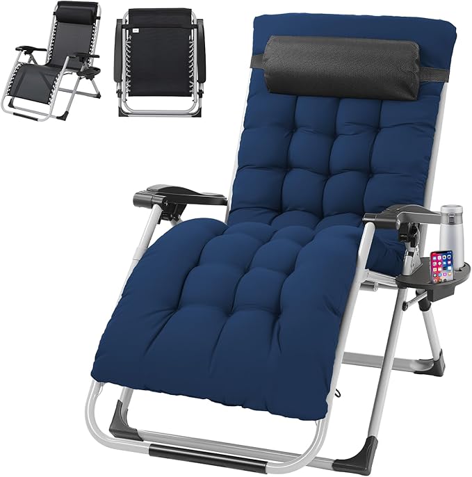 VINGLI 29" Padded Zero Gravity Chair, Lounge Chair with Removable Cushion & Tray， Folding Reclining Patio Chairs， Recliner Chair for Lawn，Indoor Outdoor-Blue