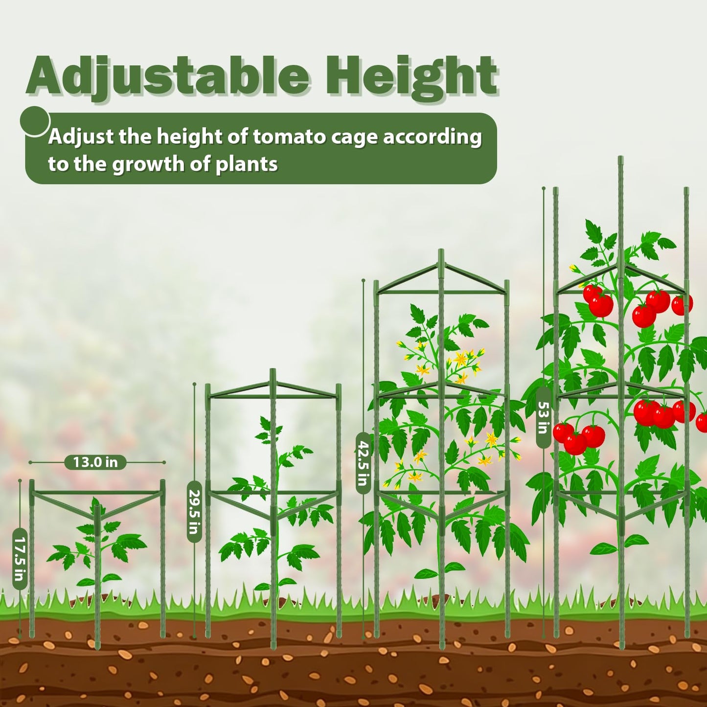 Tegarbed 6 Pack Tomato Cage for Garden Plant Supports, Up to 53 Inch Tomato Trellis for Potted Plants, Heavy-Duty Garden Plant Stakes for Climbing Vegetables Plants Cucumber Peony Flowers, Green