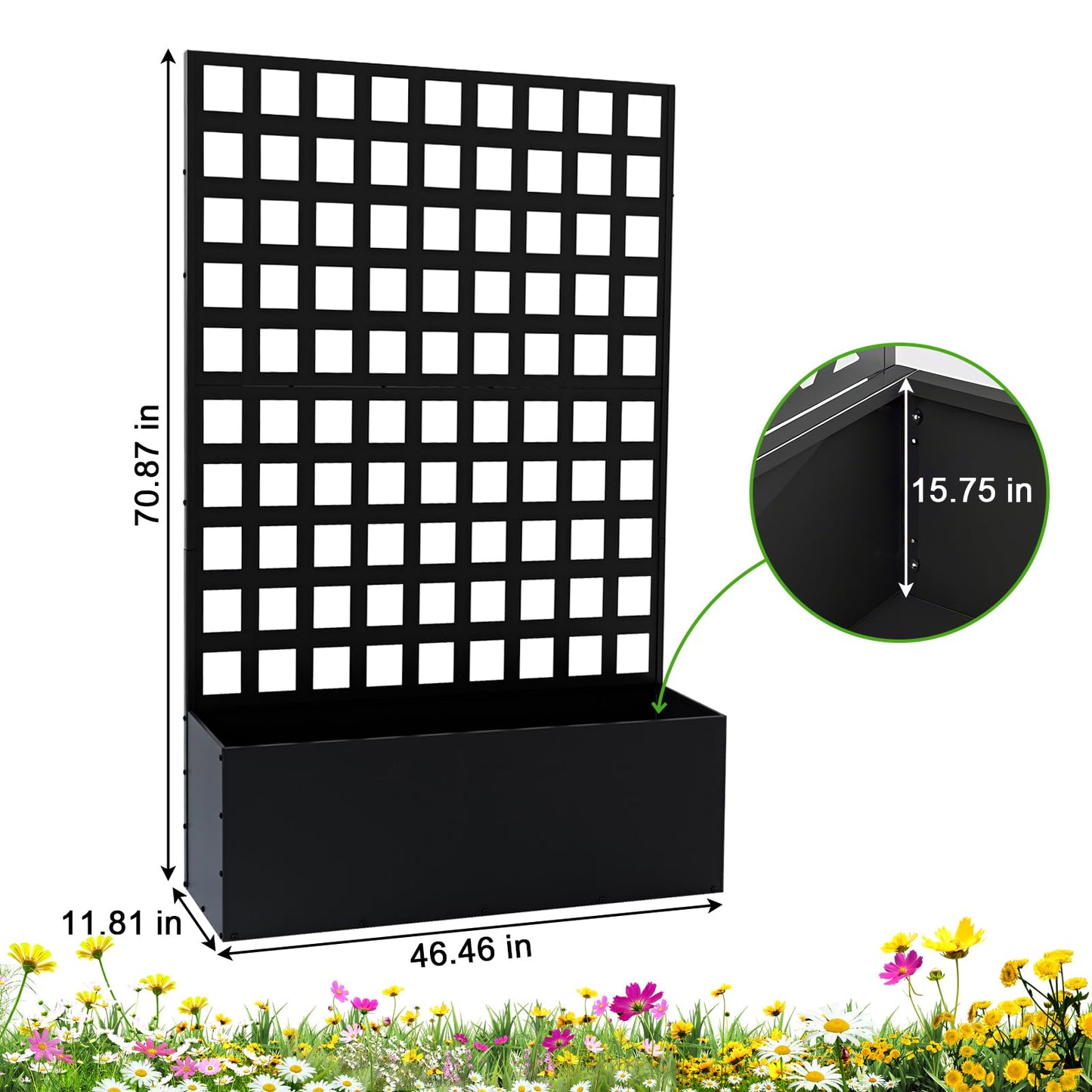 GarveeLife Metal Planter Box with Trellis, 71 in x47 in x12 in Raised Garden Bed with Trellis, Outdoor Garden Box with Privacy Screen & Drainage Holes for Climbing Plants Flower Vegetable, Black