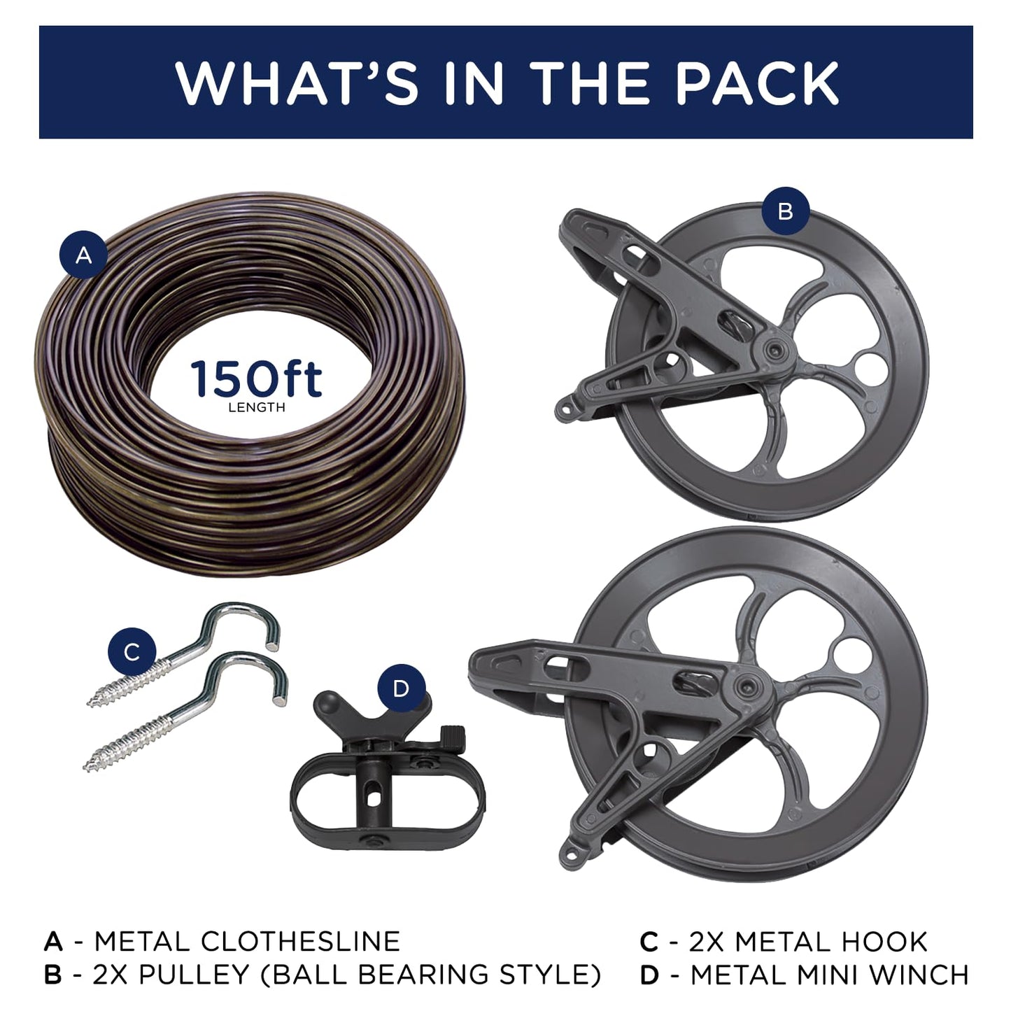 Strata Urban Grey Harmony Clothesline Outdoor Heavy Duty Kit - 150 Feet Galvanized Wire PVC Coating, 6.5" Clothes line Pulley 2pcs, Metal Mini Winch Tightener 1pc & 2 Metal Hooks