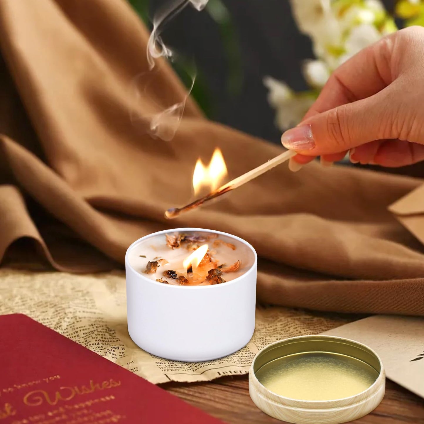 YJHSS 24-Pack 4oz Candle Tins with Wood-Grain Printing Lids, Metal Candle Jars for Candle Making, Empty Containers Vessels Bulk for Small Business & Beginners DIY Storage -Wood White