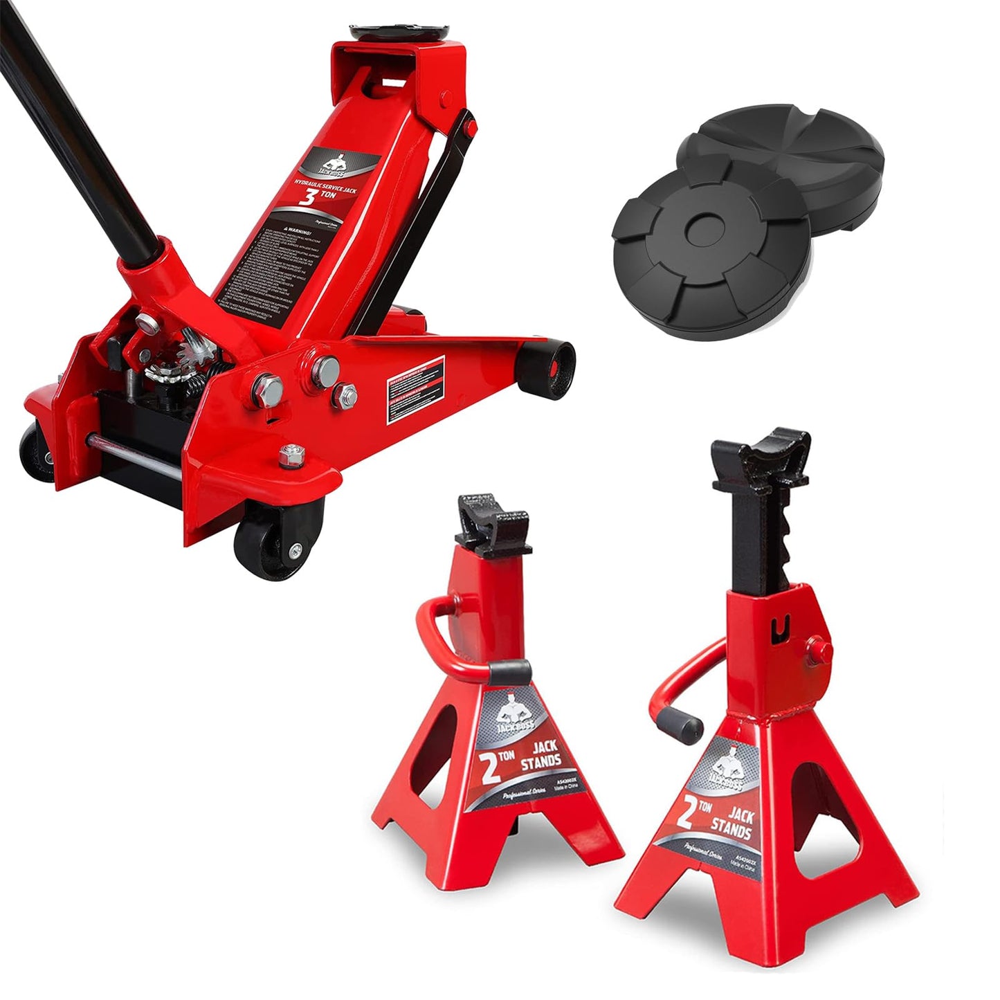 Jack Boss 3 Ton Floor Jack with Jack Pad and Jack Stand Set Combo