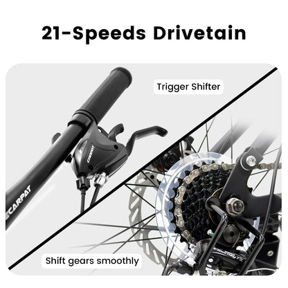 Ecarpat Mountain Bike 24 Inch Wheel, 21-Speed Disc Brakes Thumb Shifter, Carbon Steel Frame Mens Trail Commuter City Snow Mountain Bikes Bicycles